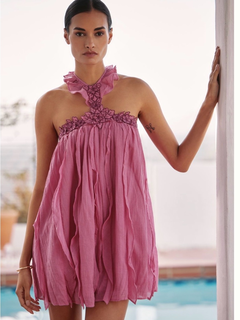 Ruffled Halter Mini Dress in Dusty Rose